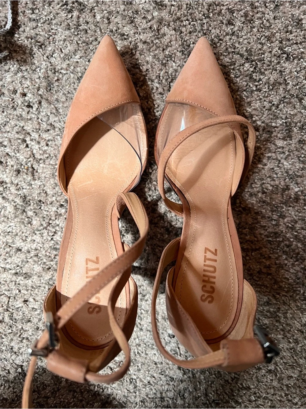 SCHUTZ Nude/Tan Pointed-Toe D'Orsay Ankle Strap Heels